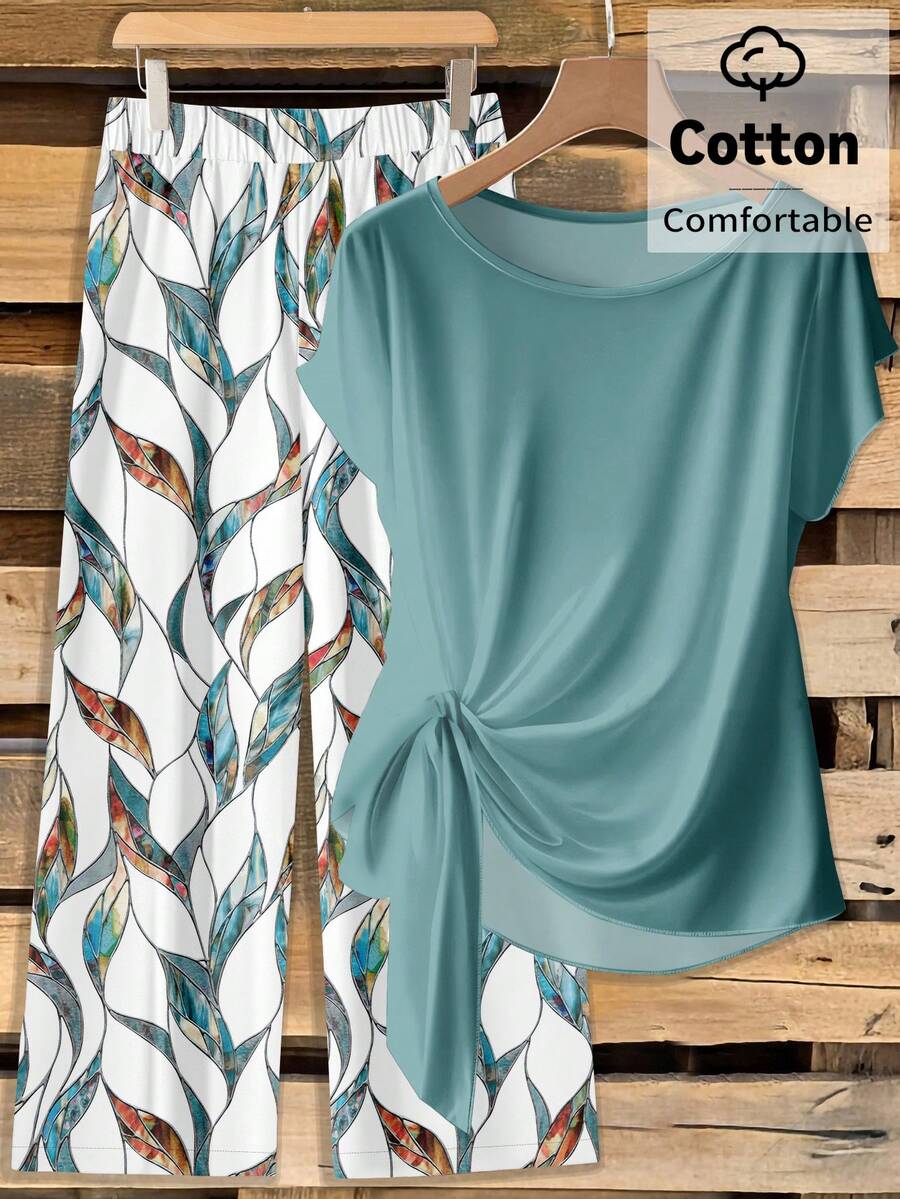 SHEIN Clasi 两件套女士纯棉休闲简约绿色蝴蝶结衬衫和宽松直筒几何印花裤套装，适合春、夏、秋季穿着。 - 彩色 - 查看 1