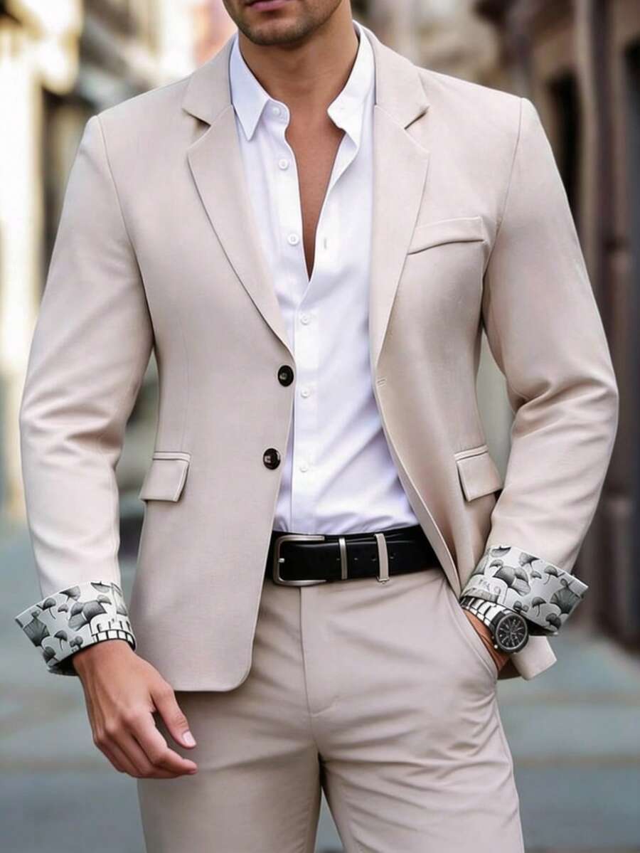 Manfinity Mode Men's Solid Color Notched Collar Single-Breasted Casual Versatile Commuting Office Long Sleeve Suit Jacket - Beige - View 1