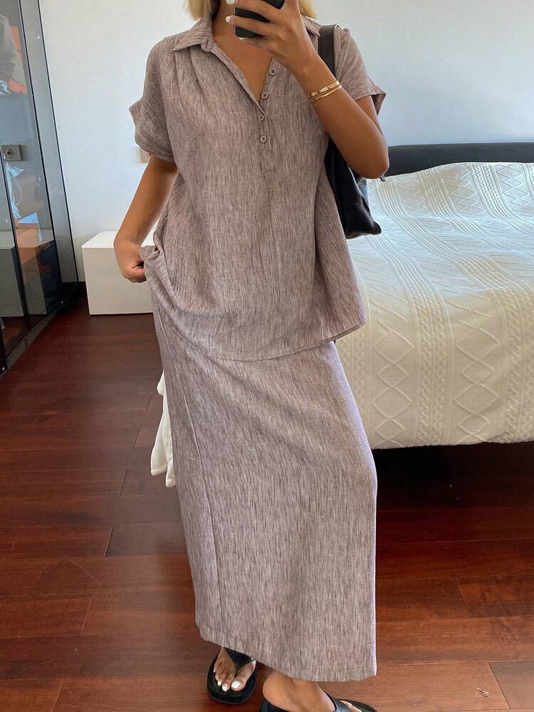 Women's Collared Short Sleeve Loose Pullover Shirt And Elastic Waist Long Straight Skirt 2 Pieces Casual Set