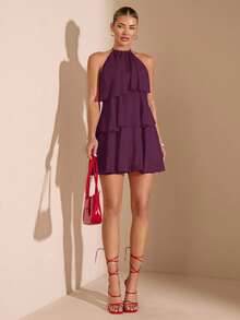 Vestido corto de gasa rojo sólido con hojas de loto en cascada, apropiado para citas diarias, salidas nocturnas, discotecas, fiestas, reuniones, fiestas de cócteles, fiestas de piscina, ropa de vuelta al colegio, vestidos de temporada escolar, vestidos de vacaciones, faldas tutú - Rojo violeta - Ver 8