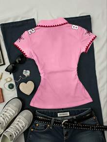 INAWLY Camiseta de mujer de verano con estampado numérico y de letras, con efecto desgastado - Multicolor - View 2