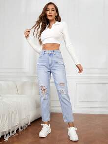 Flexra Quần jean denim bạc màu rách rưới thường ngày - Màu xanh lam - Xem 5