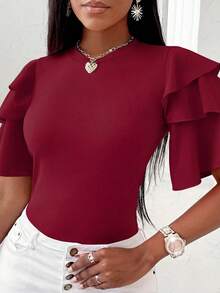 EMERY ROSE Women's Casual Solid Color Ruffle Hem T-Shirt, Summer - Burgundy - View 5