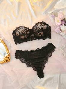 SHEIN Women's Lace Back Dual Strap Design Bra And Panty Lingerie Set - Black - View 8