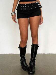 Aloruh Women's Summer Street Rivet Decor Folding Waist Denim Shorts - Black - View 4