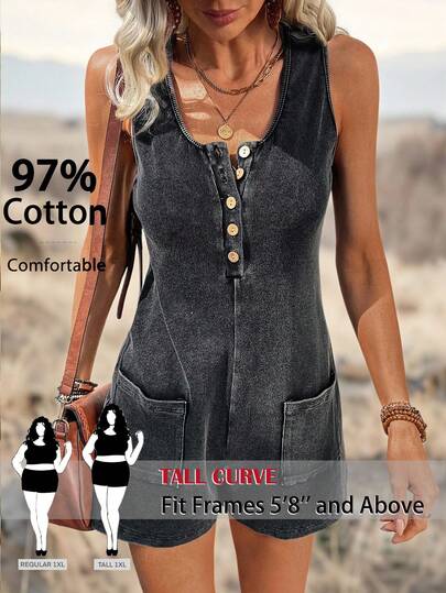 SHEIN Tall CURVE Bộ áo liền quần không tay dáng rộng, thoải mái, có hai túi.
