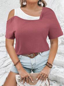 EMERY ROSE Plus Size Summer Casual Contrast Color Asymmetric Collar T-Shirt - Redwood - View 4