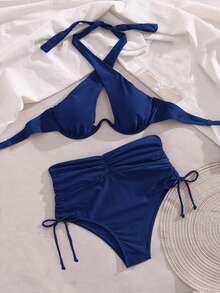 Swim SXY Set Bikini Wanita Warna Polos Model Halter Neck dengan Kawat Penyangga, Cocok untuk Liburan Musim Panas - Navy Blue - View 5