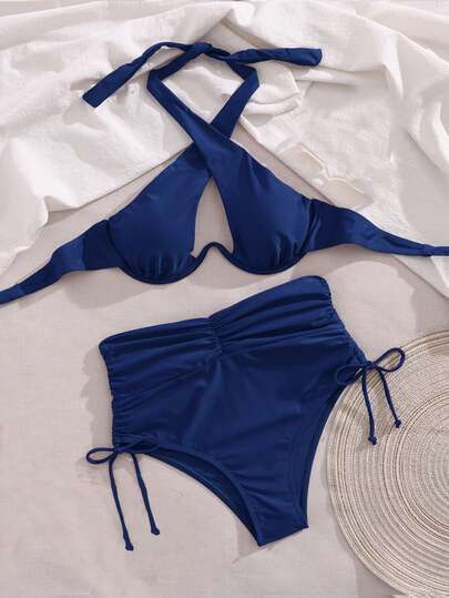 Swim SXY Conjunto de bikini de cuello halter de unicolor con aros para mujer, adecuado para vacaciones de verano