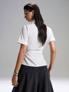 LYSMO Women Casual Solid Color Short Sleeve Blouse - White - View 2