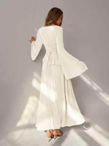 Aloruh Women's Elegant Off-Shoulder Flare Sleeve Ruffle Cinched Waist Back Dress, Beige - Beige - View 4