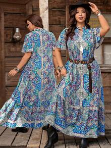 SHEIN LUNE Robe imprimée à manches mi-longues de style bohème pour grandes tailles, robe ample à volants et manches courtes de style bohème, design à volants et col noué, robe à volants et imprimé cachemire à manches longues, convient pour le port décontracté au printemps et à l'automne - Multicolore - Voir 1