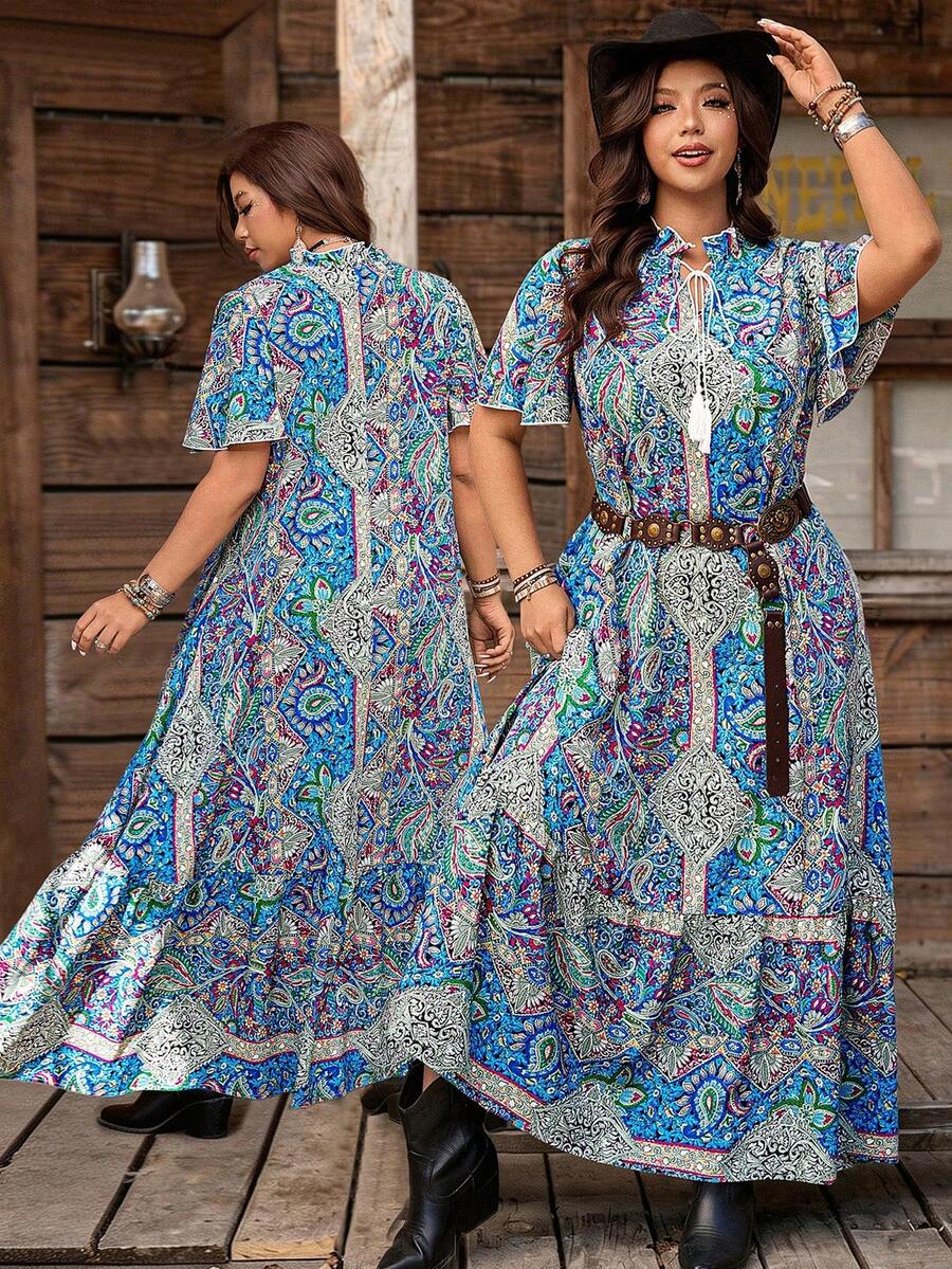 SHEIN LUNE Robe imprimée à manches mi-longues de style bohème pour grandes tailles, robe ample à volants et manches courtes de style bohème, design à volants et col noué, robe à volants et imprimé cachemire à manches longues, convient pour le port décontracté au printemps et à l'automne - Multicolore - Voir 1