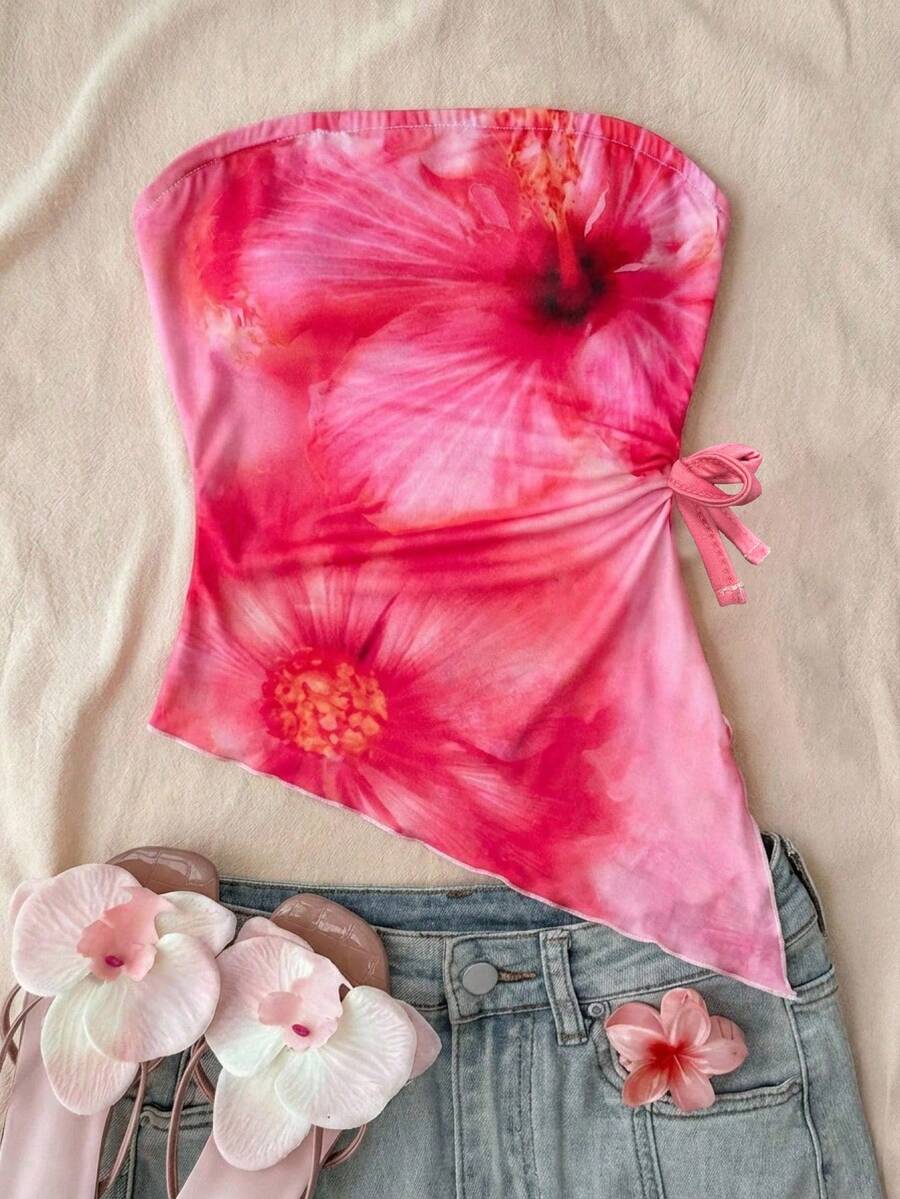 SHEIN Áo tank top dáng ôm, họa tiết hoa, vạt bất đối xứng dành cho bé gái tuổi teen. - Màu Hồng Tươi - Xem 1