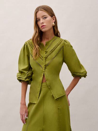 Nöista Olive Two-Piece Set Featuring A Lace-Trim Blouse With Puff Sleeves And Button Front, Paired With A Flowing Maxi Skirt. Perfect For Summer Brunches, Office Days, Vacations, Music Festival, Holiday Outfit, Summer Nights, Spring, Sunset Look, Set Look, Coord.