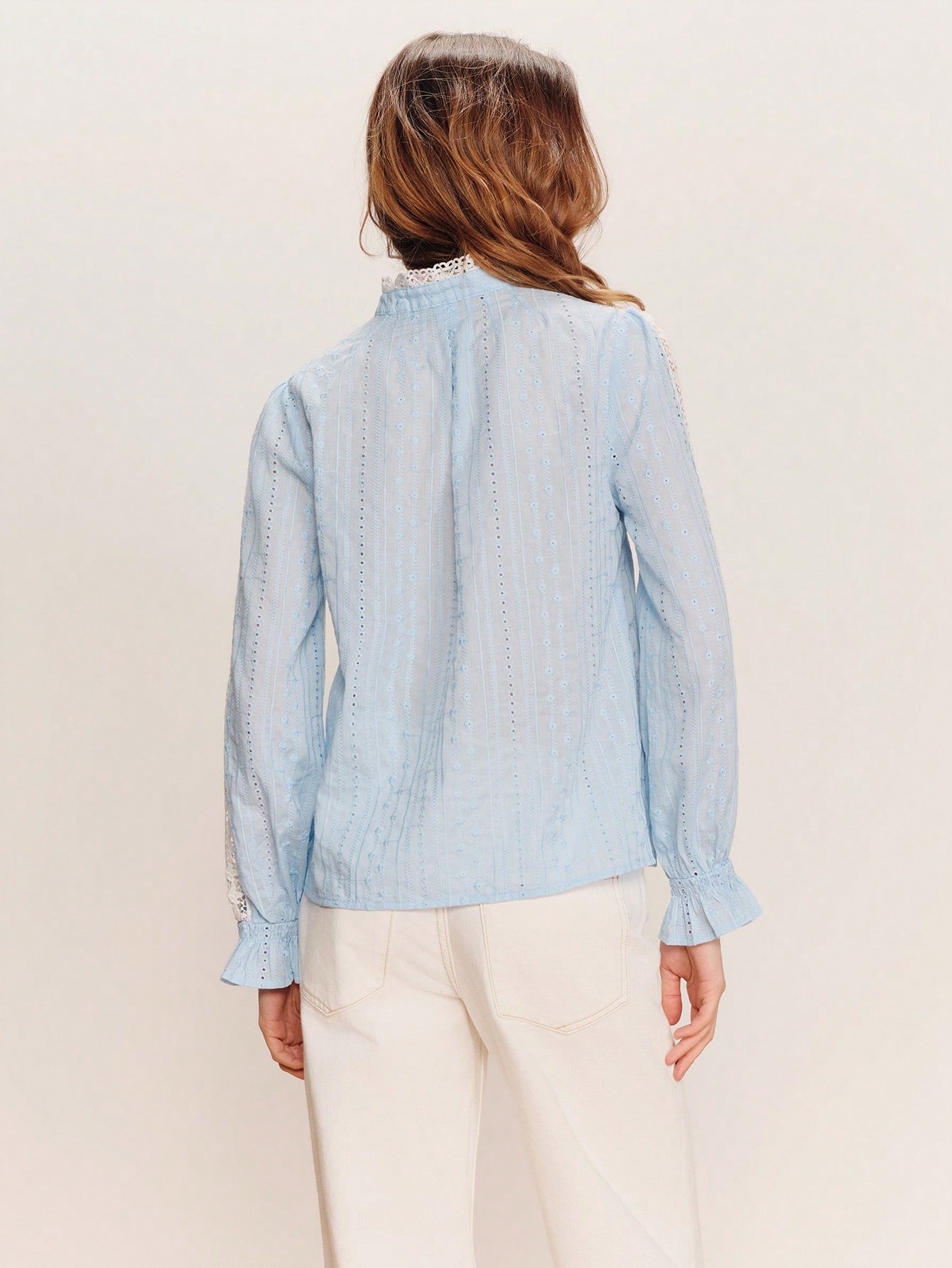 Blue Loose Fit Broidery Blouse With White Lace Trim Details, Wear To Work Blouse, All Seasons