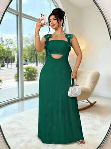 Elenzga 大码褶皱纹理针织面料肩带3D立体花卉装饰粗肩带长款连衣裙+修身短款吊带背心两件套，优雅适合外出、约会、派对、度假、下午茶等场合。 - 墨綠色 - 查看 3