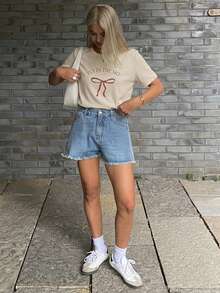 DAZY Spring New Valentine's Day Round Neck Grey Bowknot Women T-Shirt Cute Tops,Graphic Tees,Back To School Clothes Preppy Tops - Apricot - View 7