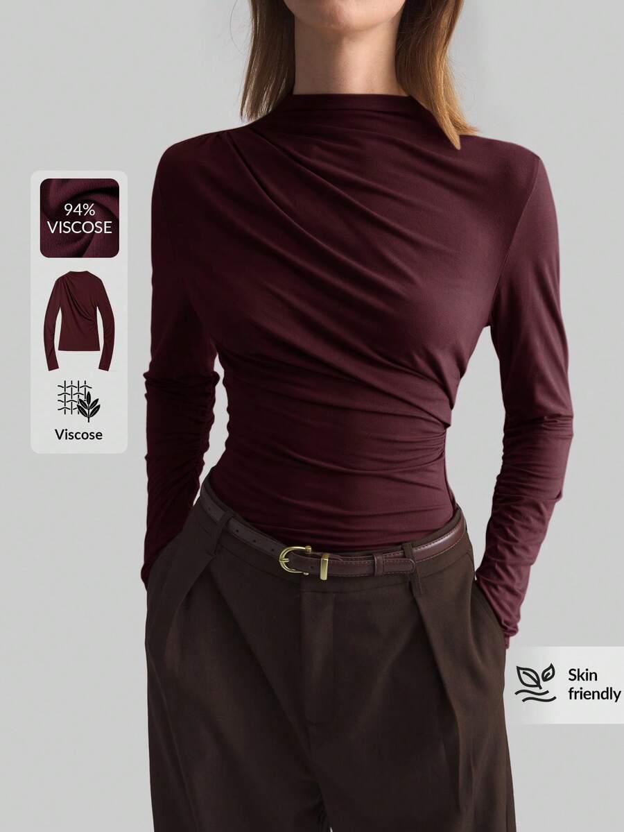 Ontre 2026 Primavera/Verano Nueva Camiseta básica de manga larga con cuello alto y diseño plisado para mujer, Elegante blusa de color vino tinto para uso urbano, de negocios y de fiesta, Adecuada para el invierno - Rojo violeta - Ver 1