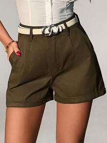 100% Baumwolle High Waist Regular Fit Taschenloses Denim-Shorts mit umgeschlagenem Saum - Grün - Übersicht 6