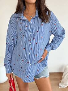 SHEIN Áo bầu in hình trái tim và sọc - Xanh và trắng - Xem 3