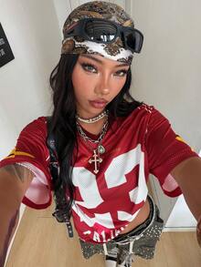 Coolane 女士夏季节日复古街头运动服号码印花超大棒球衫T恤 - 紅色 - 查看 2