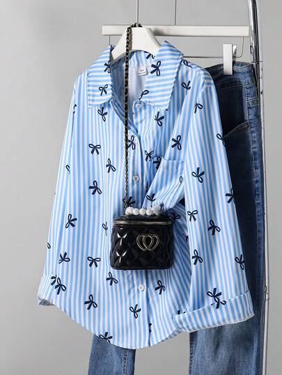 SHEIN Áo chống nắng kẻ sọc cho bé gái tuổi teen, mùa xuân/hè, kiểu Hàn Quốc, thích hợp cho kỳ nghỉ, mùa hè, du lịch.