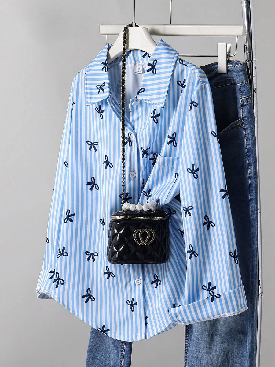 SHEIN Áo chống nắng kẻ sọc cho bé gái tuổi teen, mùa xuân/hè, kiểu Hàn Quốc, thích hợp cho kỳ nghỉ, mùa hè, du lịch. - Màu xanh lam - Xem 1