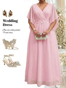 Fleurora 大码优雅贴花V领荷叶边袖连衣裙，夏季 - 粉色 - 查看 6