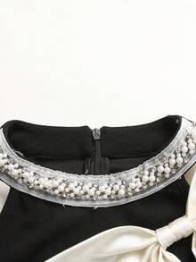 Teen Girl Loose Elegant Round Neck Sleeveless Color Block Bow Decor Dress, Black Dress, Party Wear Luxurious Elegant Party Dress For Girls, Suitable For Prom, Wedding, Party, Events - Black and White - View 3