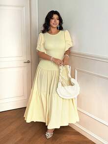 Vionelle Plus Size Spring/Summer Yellow Waist Slimming Ruffle Sleeve Layered Ruffle Hem Vacation Style Dress, Suitable For Daily Gatherings, Romantic Dates, Urban Outings, Travel Outings, Minimalist Fashionable Elegant Plus Size Women's Clothing - Light Yellow - View 2