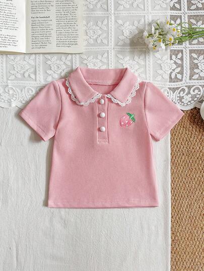 SHEIN Playful Pals 女婴休闲草莓刺绣短袖POLO衫，春夏款