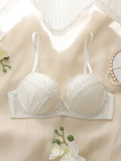 White Embroidered Heavy-Duty Underwire 3/4 Cup Uplift Push-Up Cleavage Enhancing Comfy Balconette Bra With Bow Accent, Cute & Fresh Romantic Butterfly Back Design Babydoll Lingerie