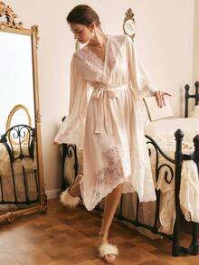 Côtesoire Elegant Vintage Mature Intellectual Loose Comfortable Brown Lace Patchwork Cross Collar Women's Nightgown, Suitable For Home Wear - Champagne - View 5