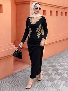 Elenzga Women's Elegant Solid Color V-Neck Gold Lace Trim Long Sleeve Fitted Bodycon Dress, Suitable For Women's Parties, Dates, Parties, Commuting, Daily Wear, Autumn/Winter Season, Women's Long Dress With Gold Lace Trim, Women's Long Sleeve Dress - Black - View 1