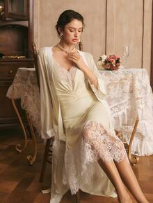Côtesoire Women's Elegant Lace Patchwork Camisole Nightgown And Robe Set With Waist Tie, Suitable For Spring And Autumn - Yellow - View 1
