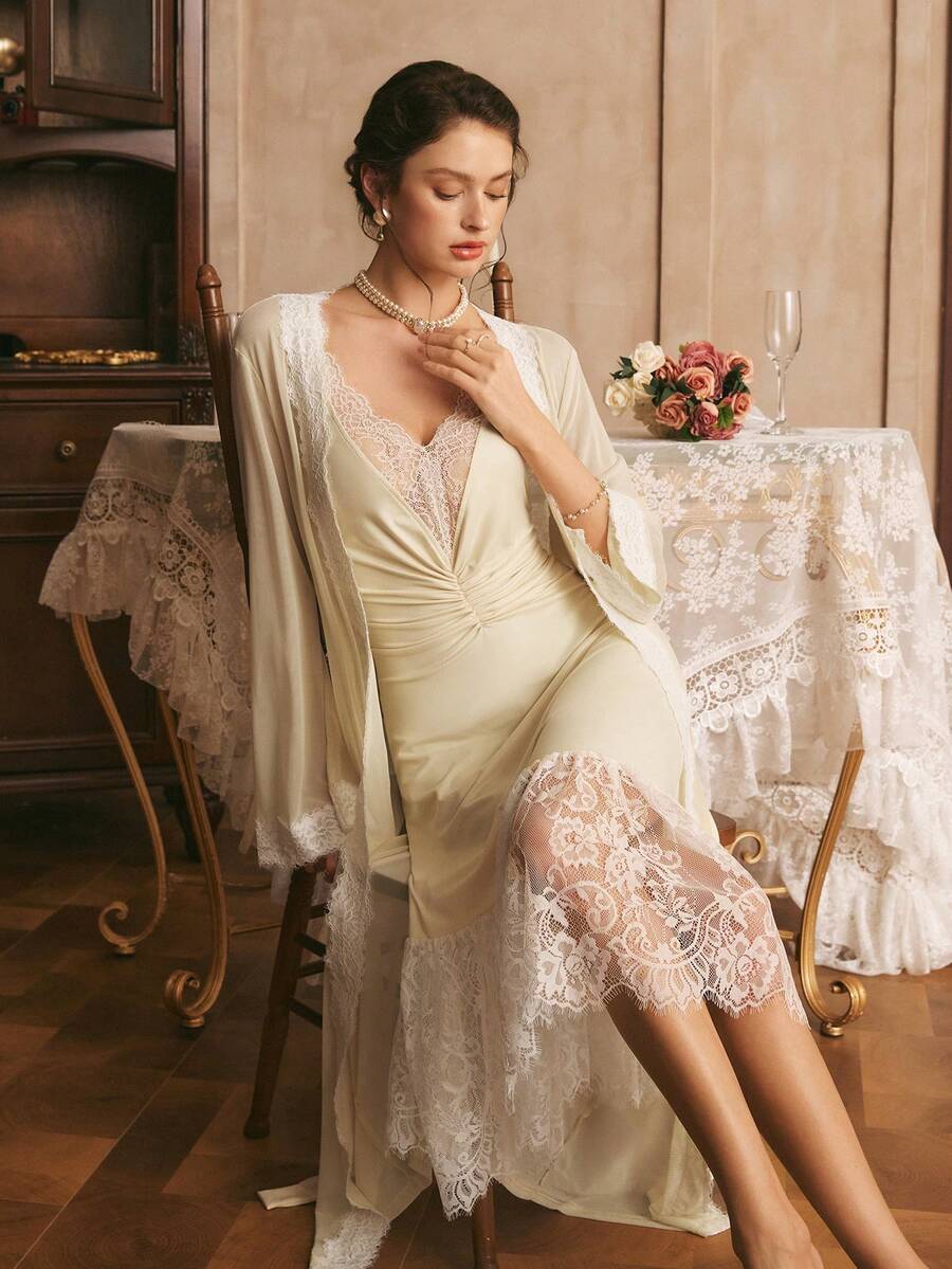 Côtesoire Women's Elegant Lace Patchwork Camisole Nightgown And Robe Set With Waist Tie, Suitable For Spring And Autumn - Yellow - View 1