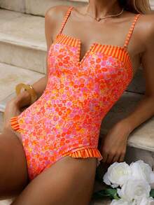 Swim Mod 女士连体花卉格纹撞色泳衣 26SS 新款，阳光海滩度假风连体泳衣套装 - 彩色 - 查看 3