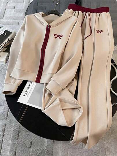 Resyla Women's Casual Commuter Motorcycle Graphic Color Block Zip-Up Hoodie Jacket And Wide Leg Pants Set, Spring/Autumn