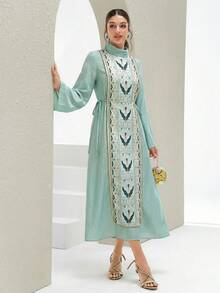 Al Najma 女士优雅复古印花拼接阿拉伯风格连衣裙 - 綠色 - 查看 7
