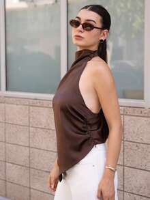 Andrea Bello Blusa de mujer con cuello halter y espalda descubierta, elegante para fiestas, ir al trabajo y vacaciones, de verano - Marrón - Ver 5