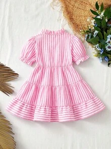 2件套母女条纹短袖连衣裙，夏季度假亲子装（单独出售） - 玫紅色 - 查看 5