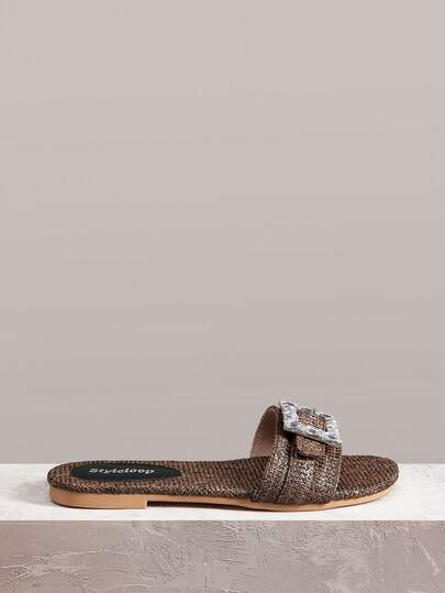 Styleloop Women Shoes Women's Round Toe Flat Bottom Spring And Summer New Brown Rhinestone Square Buckle Slip-On Casual Woven Women's Flat Sandals Daily Commuting Wear Versatile Holiday Beach Flat Women's Sandals