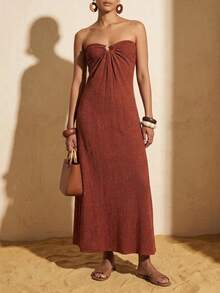 Zivah 棕色褶皱连衣裙，饰有金属环，适合音乐节、复活节、圣帕特里克节、情人节、约会、西式风格、游牧风格、生日派对、毕业典礼、学院风、学生装、休闲外出、百搭、度假、邮轮旅行、海滩、日光浴、潮流、街头风、婚礼宾客、通勤、早午餐、机场、派对、节日外出、办公穿着等场合。 - 棕色 - 查看 6