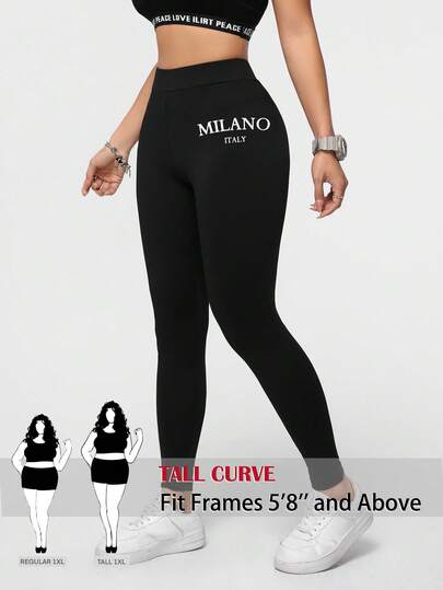 SHEIN Tall CURVE Quần legging cạp cao in chữ, thích hợp cho nữ cỡ lớn, kiểu dáng thường ngày, thể thao, đi làm.