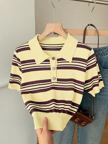 SHEIN EZwear Casual Striped Short Sleeve Knit Top, Spring/Summer - Yellow - View 6