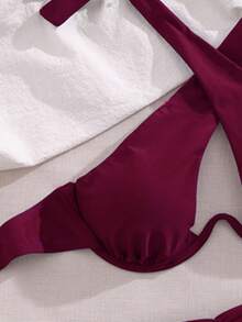 Swim SXY Bộ bikini hai mảnh cổ yếm màu trơn dành cho nữ, có gọng nâng ngực, thích hợp cho kỳ nghỉ hè. - Màu đỏ tím - Xem 6