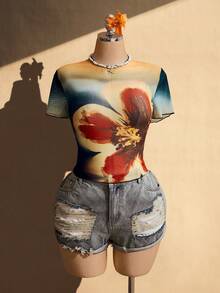 SHEIN ICON 大码女式夏季沙滩度假印花短袖修身薄纱上衣 - 彩色 - 查看 3