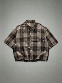 NEON BLANC 男士格子短袖单排扣水钻装饰衬衫 - 棕色 - 查看 1