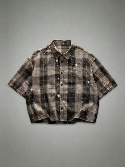 NEON BLANC Men's Plaid Short Sleeve Single-Breasted Rhinestone Embellished Shirt